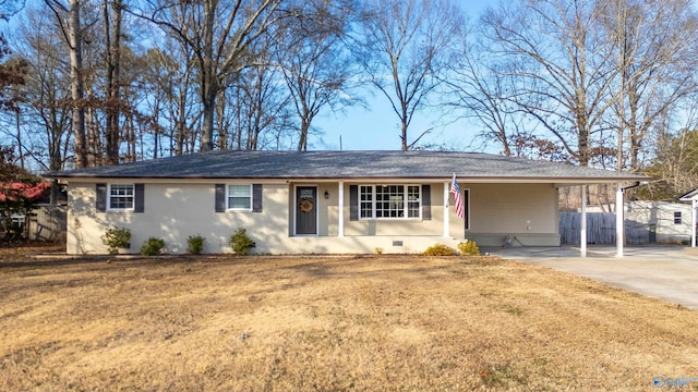 single story home featuring a front yard and a carport