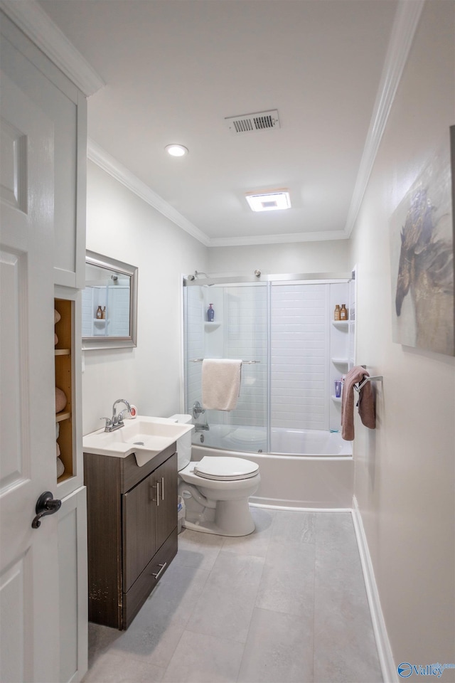 full bathroom with toilet, ornamental molding, vanity, enclosed tub / shower combo, and tile patterned flooring