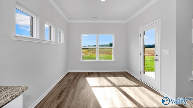 interior space featuring light hardwood / wood-style flooring and ornamental molding