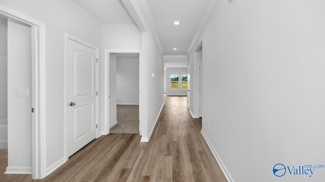 corridor with light hardwood / wood-style floors and ornamental molding