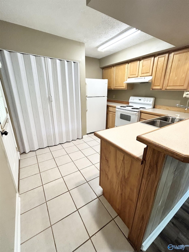 1313 Barry Rd, Anniston, AL 36206 - kitchen featuring white appliances, under cabinet range hood, light countertops, a sink, and a peninsula