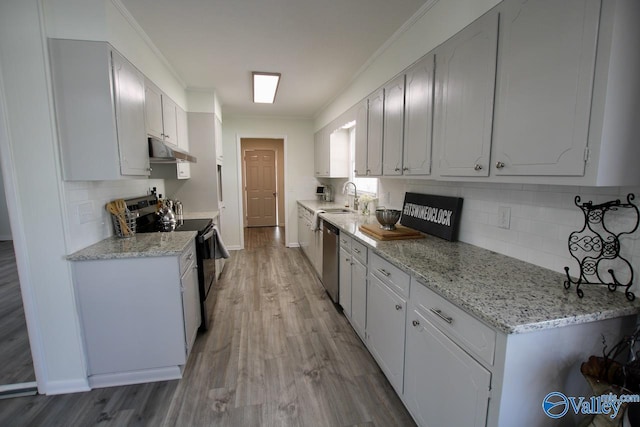 kitchen with sink, stainless steel appliances, white cabinets, and light stone countertops