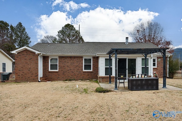 back of property featuring an outdoor living space, a yard, a pergola, and a patio area