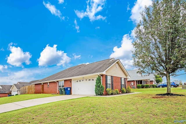 ranch-style house featuring a garage and a front lawn