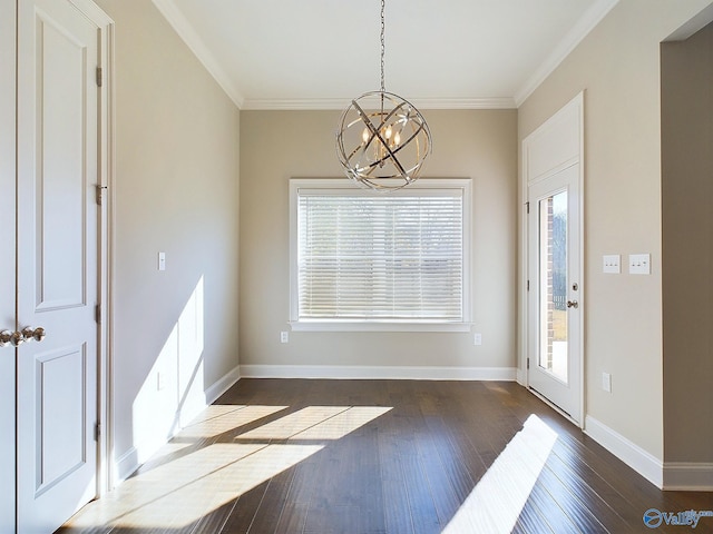 interior space with a notable chandelier, dark hardwood / wood-style flooring, and crown molding