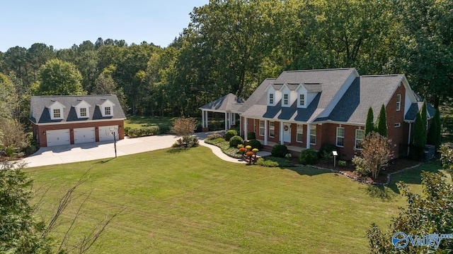 cape cod-style house with covered porch, a garage, and a front yard