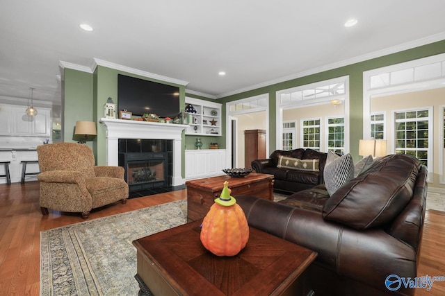 living room with hardwood / wood-style flooring, ornamental molding, and a fireplace