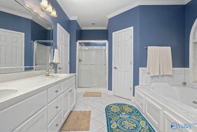 bathroom with crown molding, plus walk in shower, tile patterned flooring, and vanity