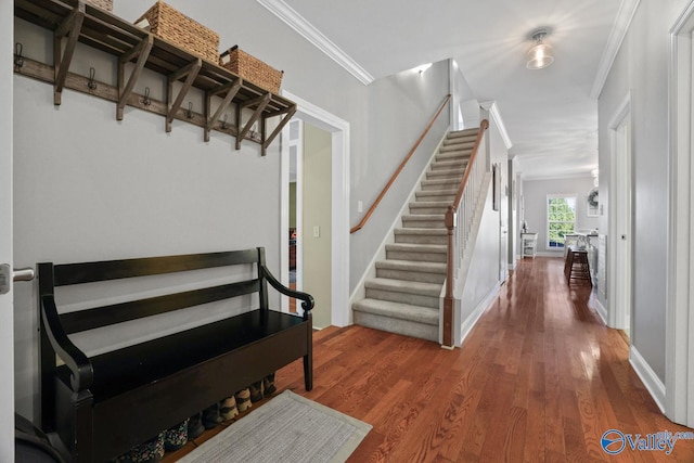 interior space with hardwood / wood-style floors and crown molding