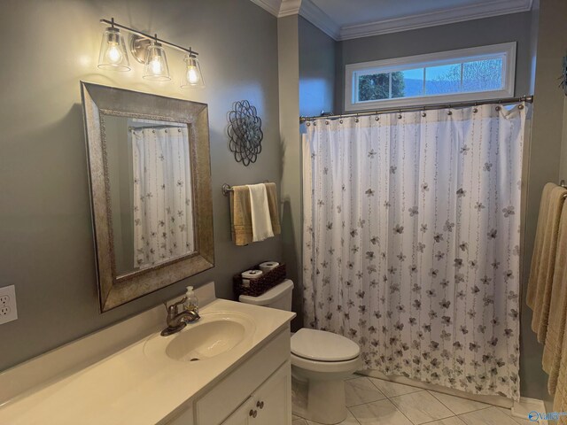 2961 Hobbs Island Rd SE, Huntsville, AL 35803 - full bath featuring crown molding, curtained shower, tile patterned floors, vanity, and toilet