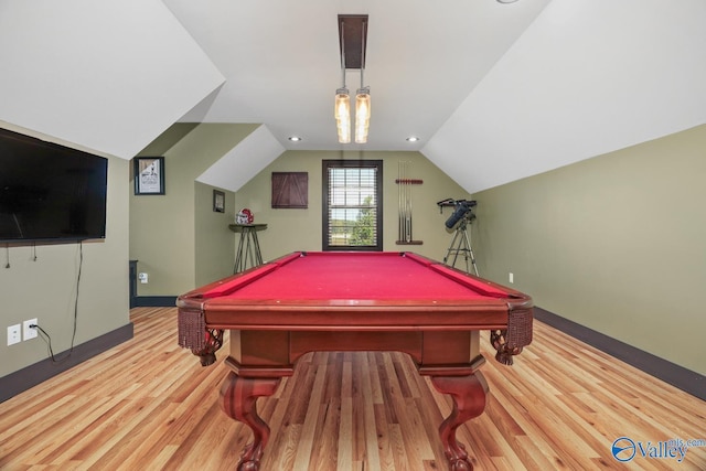 playroom featuring hardwood / wood-style flooring, pool table, and lofted ceiling