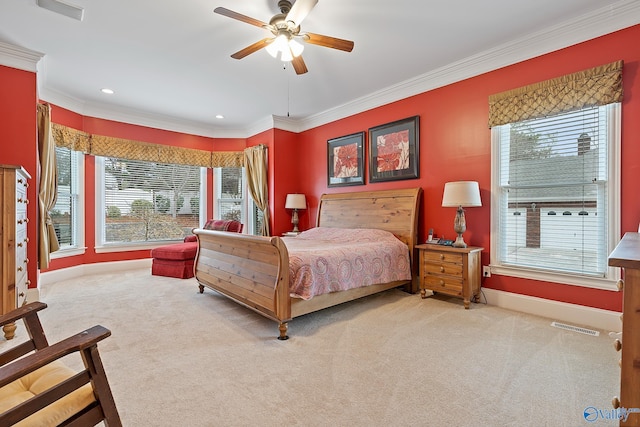 bedroom featuring carpet floors, recessed lighting, visible vents, ornamental molding, and baseboards