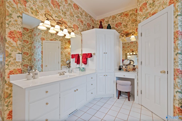 bathroom with ornamental molding, tile patterned flooring, vanity, and wallpapered walls