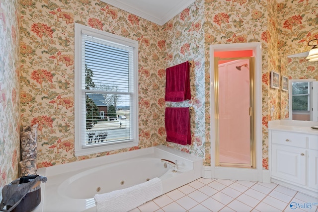 full bath with wallpapered walls, a stall shower, a tub with jets, tile patterned floors, and vanity