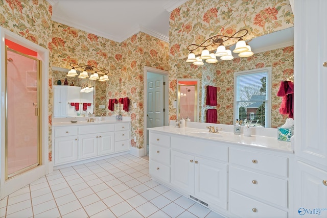 bathroom featuring wallpapered walls, ornamental molding, and a stall shower