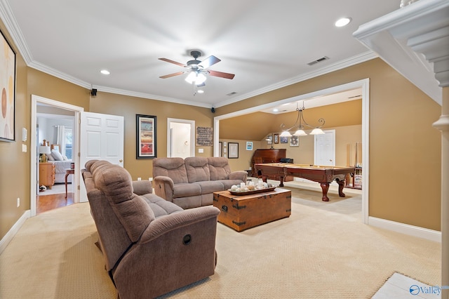 living room featuring carpet floors, ornamental molding, billiards, and visible vents