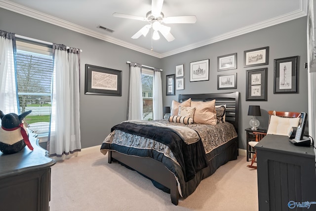 bedroom featuring baseboards, visible vents, ornamental molding, and light colored carpet