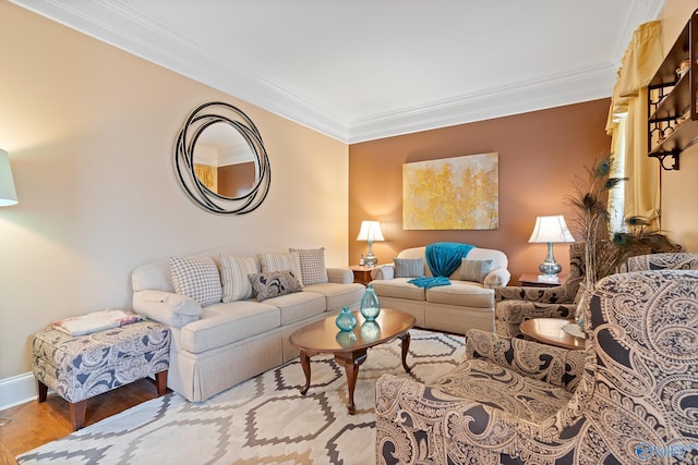 living area with baseboards, wood finished floors, and crown molding