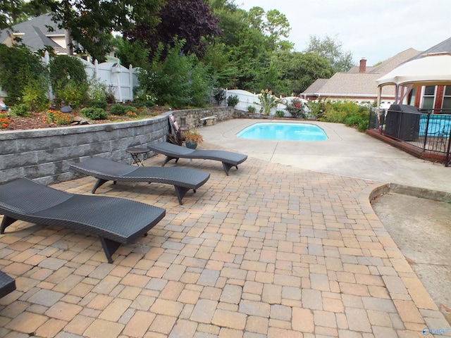 view of swimming pool featuring a fenced in pool, a grill, a fenced backyard, and a patio