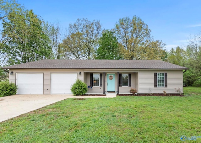 3559 County Road 1570, Baileyton, AL 35019 - ranch-style home with a porch, a front lawn, an attached garage, a shingled roof, and driveway