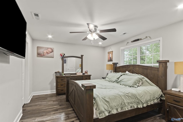 3559 County Road 1570, Baileyton, AL 35019 - bedroom featuring dark wood-type flooring, visible vents, baseboards, and a ceiling fan