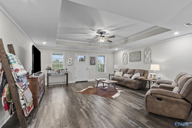 3559 County Road 1570, Baileyton, AL 35019 - living area featuring a ceiling fan, a raised ceiling, crown molding, and dark wood-style floors