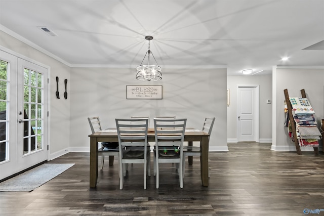 3559 County Road 1570, Baileyton, AL 35019 - dining space featuring ornamental molding, visible vents, baseboards, and dark wood finished floors