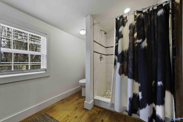 full bathroom with a stall shower, baseboards, toilet, and wood finished floors