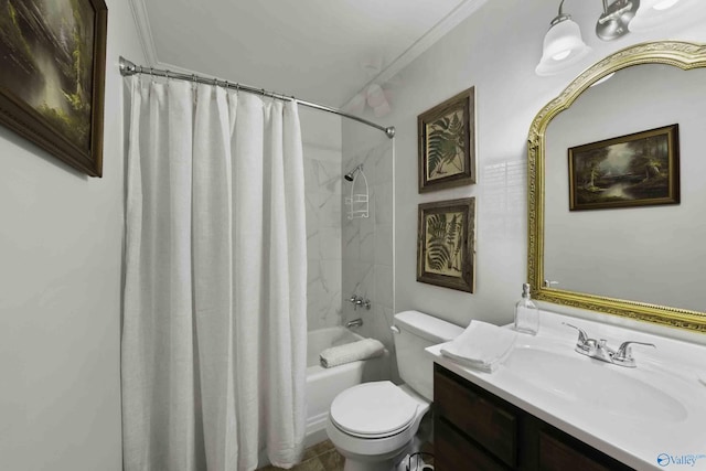 bathroom featuring toilet, shower / bath combo, ornamental molding, and vanity