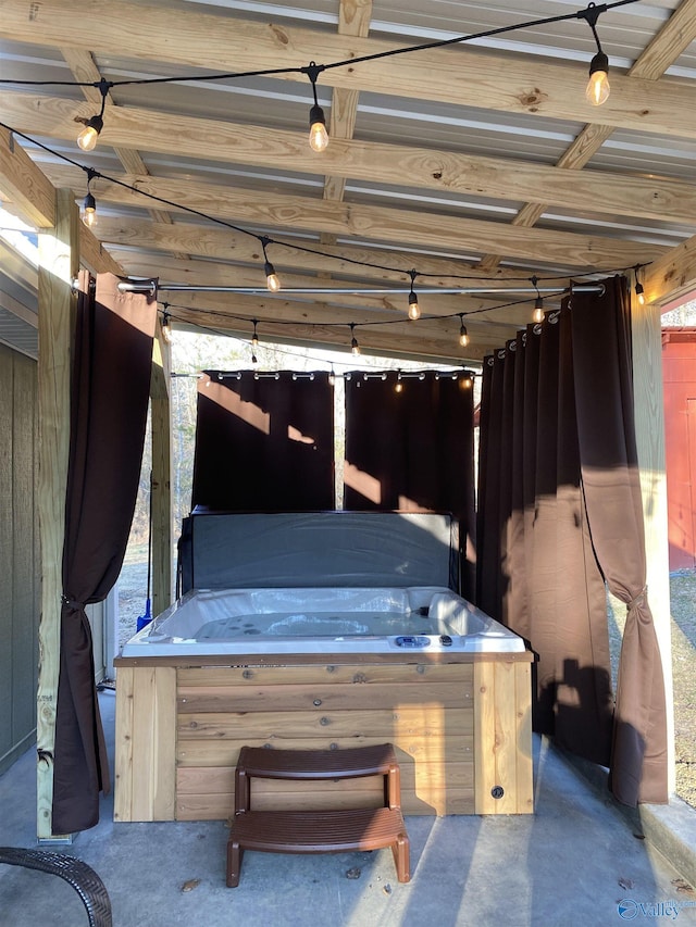 view of patio featuring a hot tub