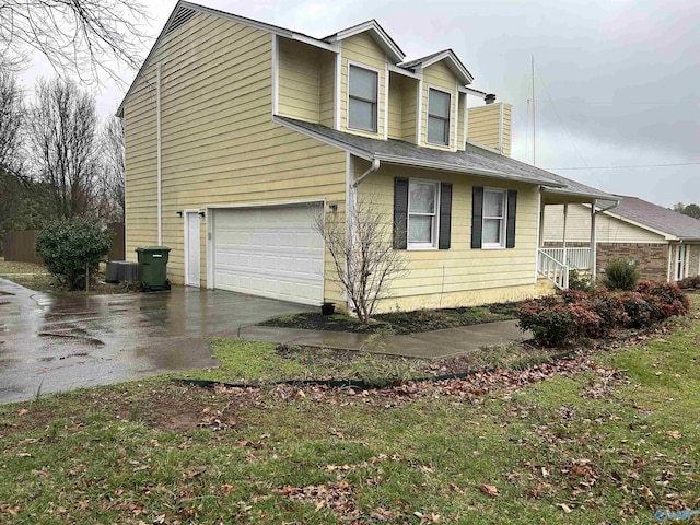 view of property exterior featuring a garage, driveway, and cooling unit