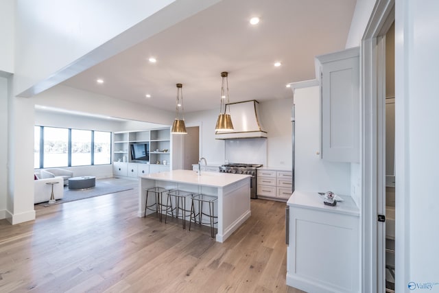 kitchen featuring premium range hood, high end stainless steel range oven, light hardwood / wood-style floors, and an island with sink