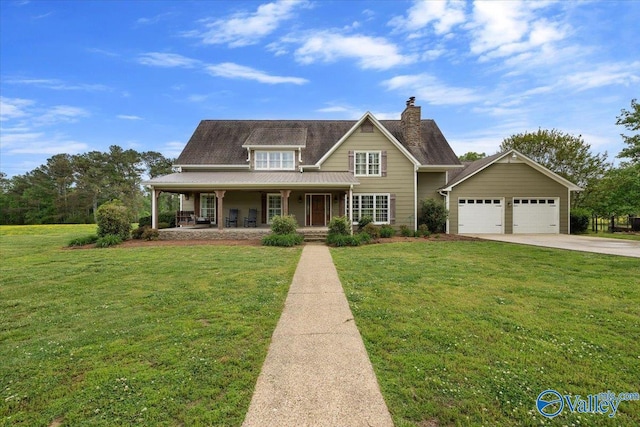 view of front facade featuring a porch, concrete driveway, and a front yard