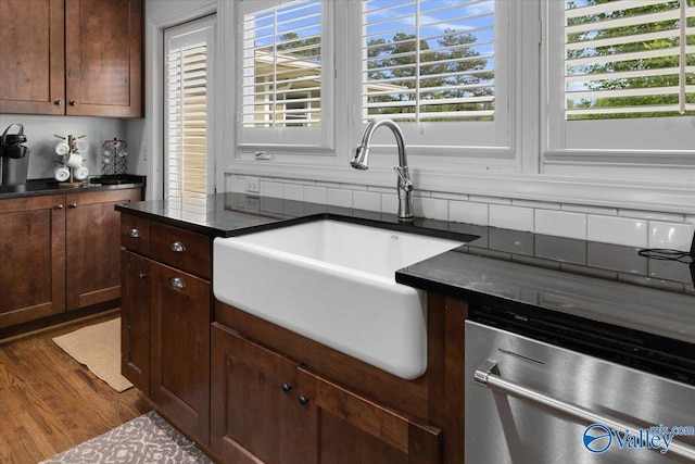 kitchen with stainless steel dishwasher, a sink, wood finished floors, and dark countertops