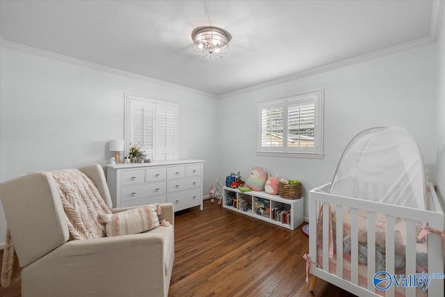 bedroom featuring crown molding, baseboards, and dark wood-style flooring