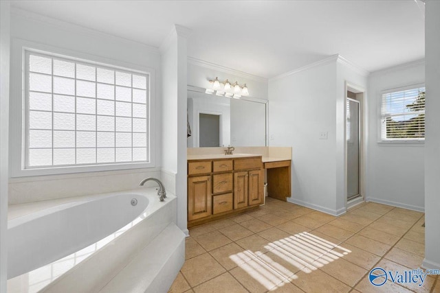 full bathroom featuring vanity, ornamental molding, a stall shower, and a bath