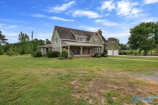 view of front of property with a front lawn, a garage, a chimney, covered porch, and driveway