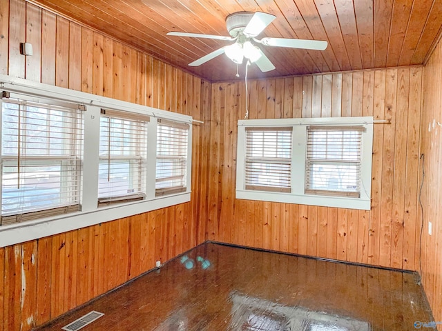 unfurnished room featuring hardwood / wood-style flooring, ceiling fan, wooden ceiling, and wooden walls