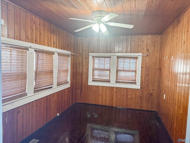 empty room featuring hardwood / wood-style flooring, wooden walls, wooden ceiling, and ceiling fan