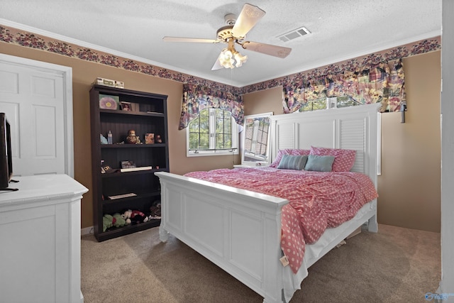 bedroom with light carpet, ceiling fan, a textured ceiling, and ornamental molding