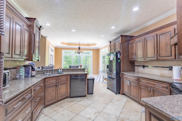 kitchen featuring black appliances, premium range hood, backsplash, light hardwood / wood-style floors, and crown molding