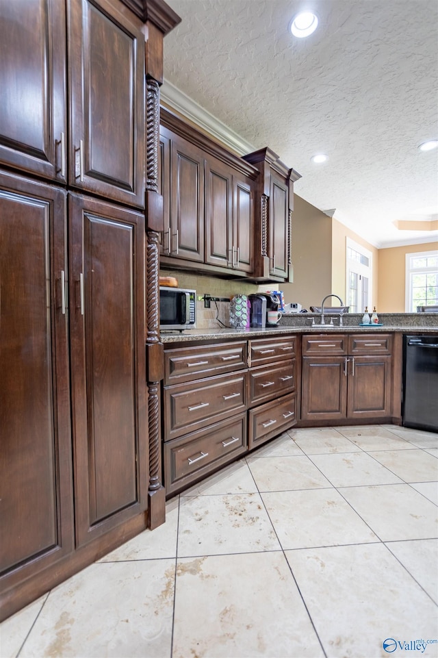 kitchen with dark brown cabinets, a textured ceiling, backsplash, stone countertops, and black dishwasher