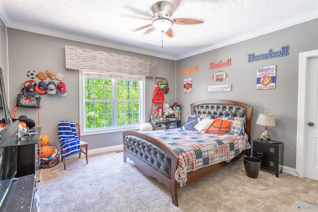 carpeted bedroom featuring crown molding, a textured ceiling, and ceiling fan