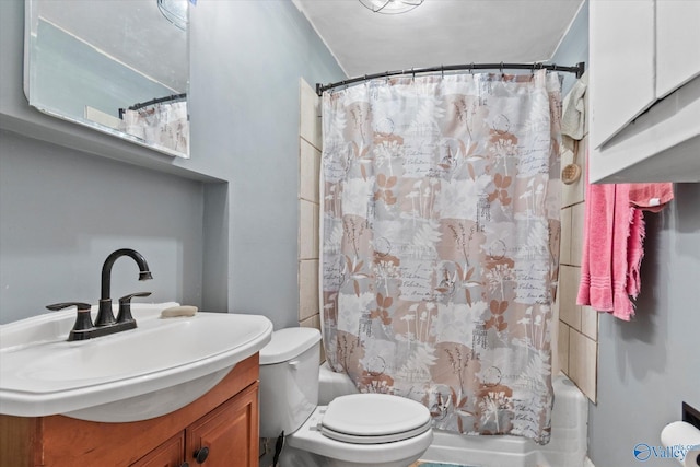 bathroom featuring toilet, shower / bathtub combination with curtain, and vanity