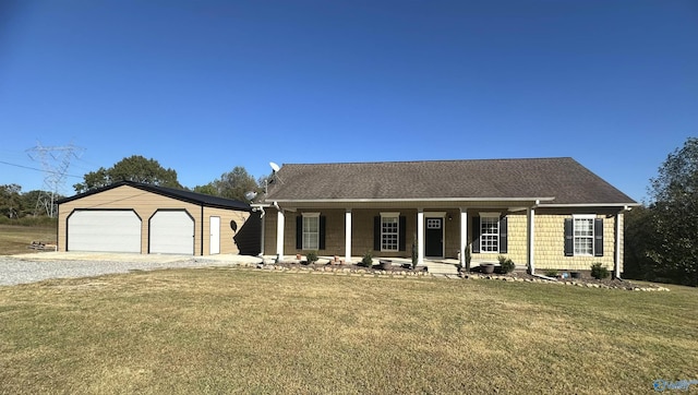 view of front of property with a porch, an outbuilding, a garage, a front lawn, and a shingled roof