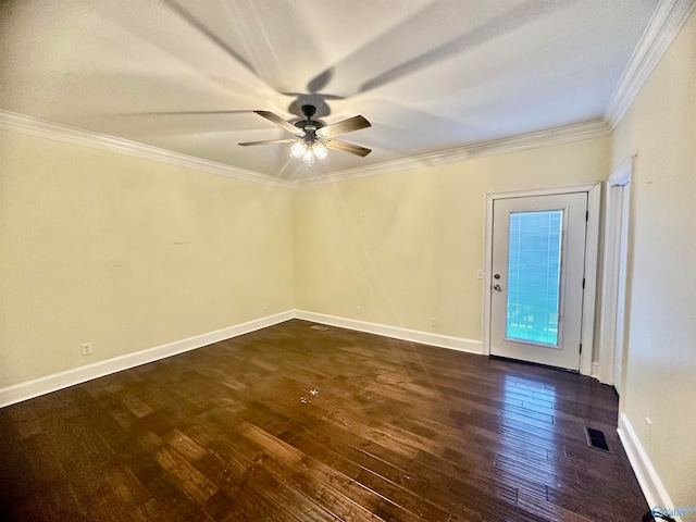 unfurnished room with dark wood-type flooring, ceiling fan, and ornamental molding