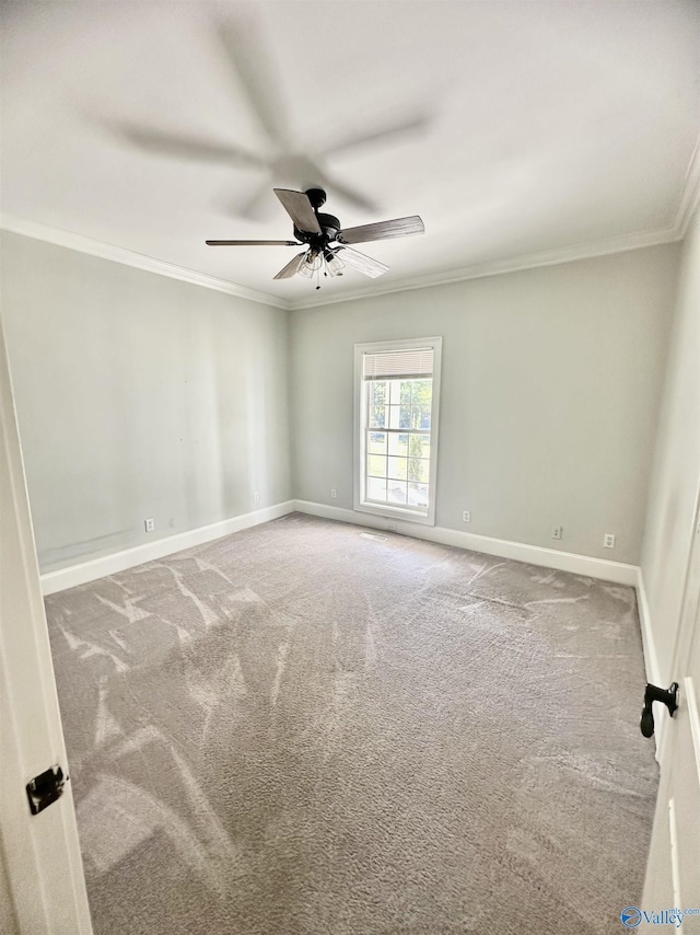 carpeted spare room with crown molding, baseboards, and a ceiling fan