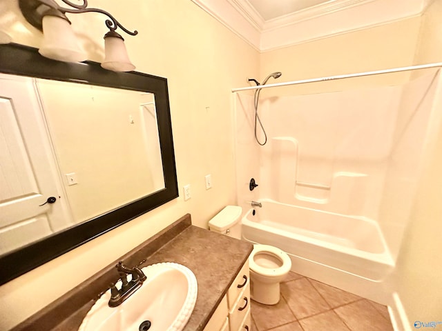 full bathroom featuring toilet, tile patterned floors, vanity, ornamental molding, and shower / bathtub combination