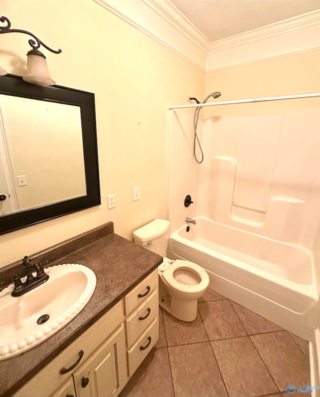 full bathroom with toilet, tile patterned flooring, tub / shower combination, ornamental molding, and vanity