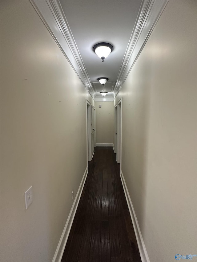 hall with dark wood-style flooring and ornamental molding